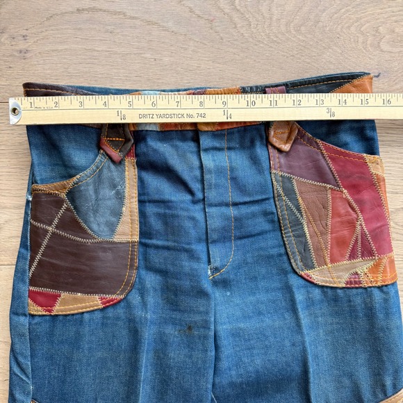 Vintage 70s Aura Rosemary Denim Leather Patchwork Vest & Flare Jeans Set L 32 - Picture 10 of 15